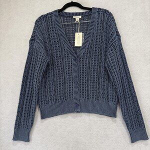 Sundance Sweater Womens Large Blue Knit Pointelle Cardigan Button Front V Neck